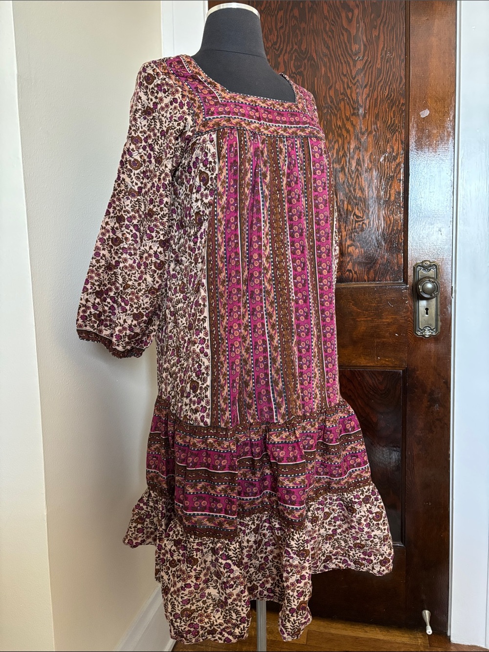 1970s Vintage Bohemian Floral Pink and Brown Midi Dress Kaiser 100% Cotton Flowy - Picture 6 of 11